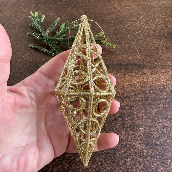 Gold Glitter Plastic Christmas Ornament 5.5" With Geometric Design - Picture 7 of 7